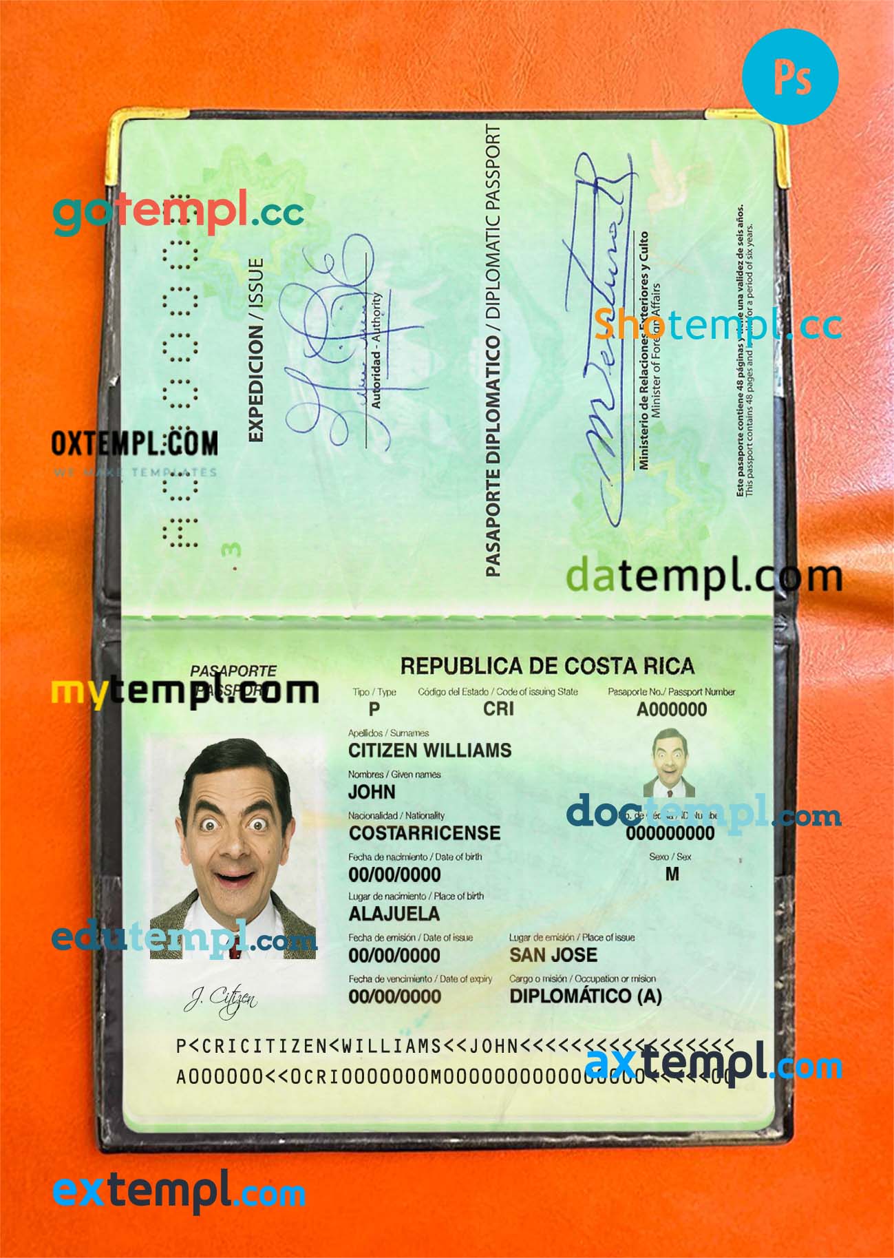 Costa Rica diplomatic passport editable PSD files, scan and photo taken image, 2 in 1