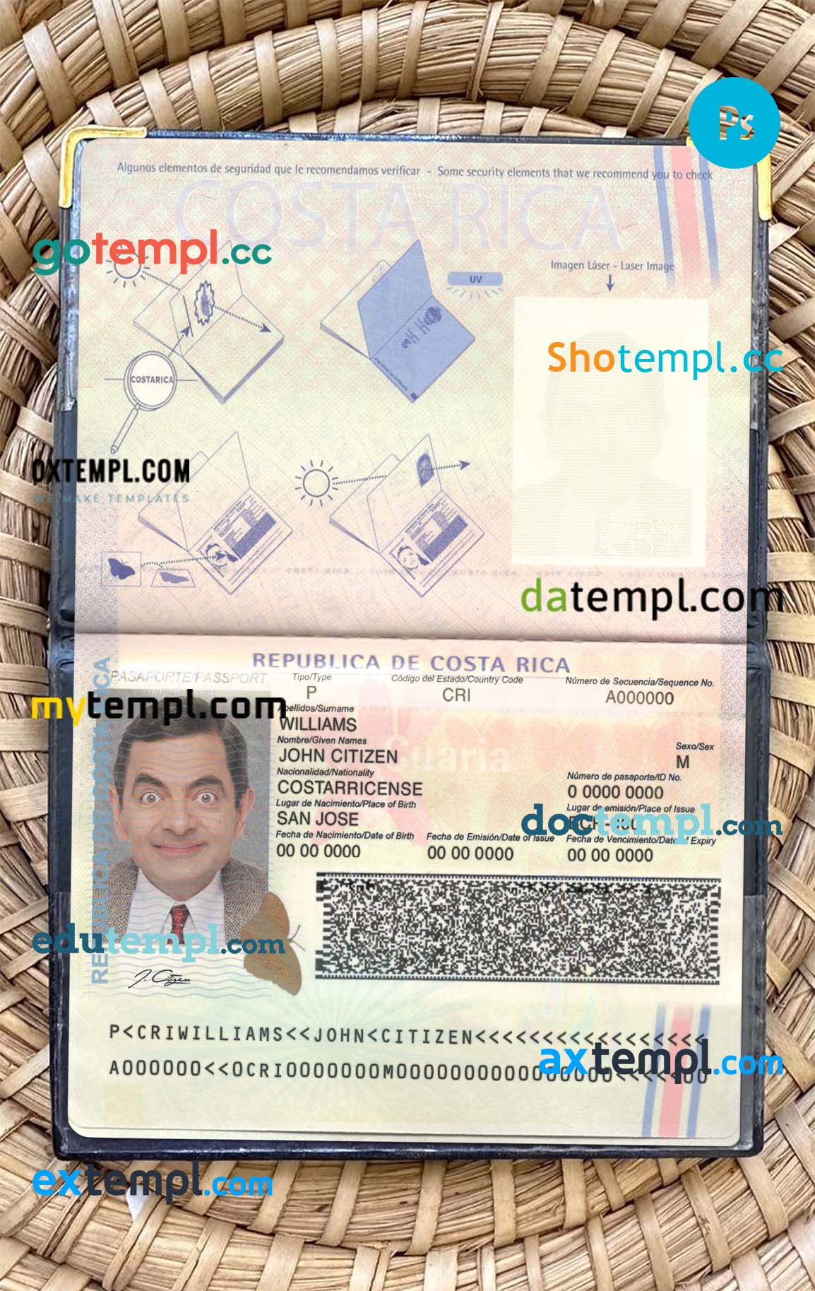 Costa Rica passport psd files, editable scan and snapshot sample, 2 in 1