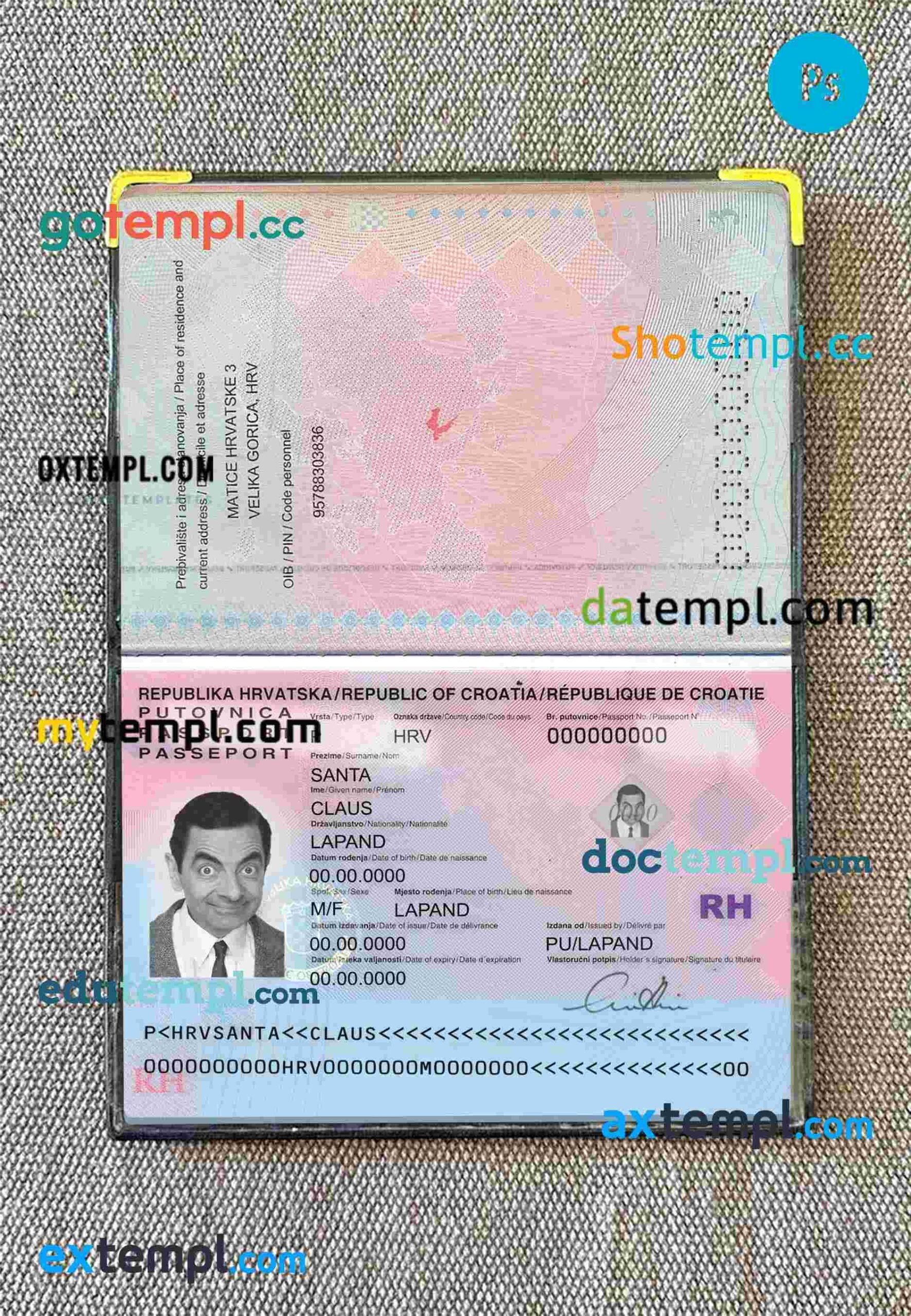 Croatia passport editable PSDs, scan and photo-realistic snapshot, 2 in 1