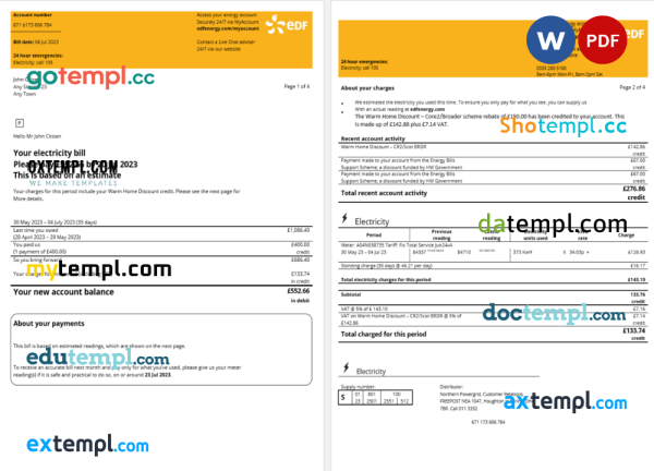 France EDF Energy utility bill Word and PDF template, 4 pages