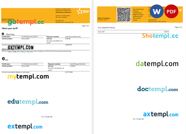 France EDF Energy utility bill Word and PDF template, 4 pages