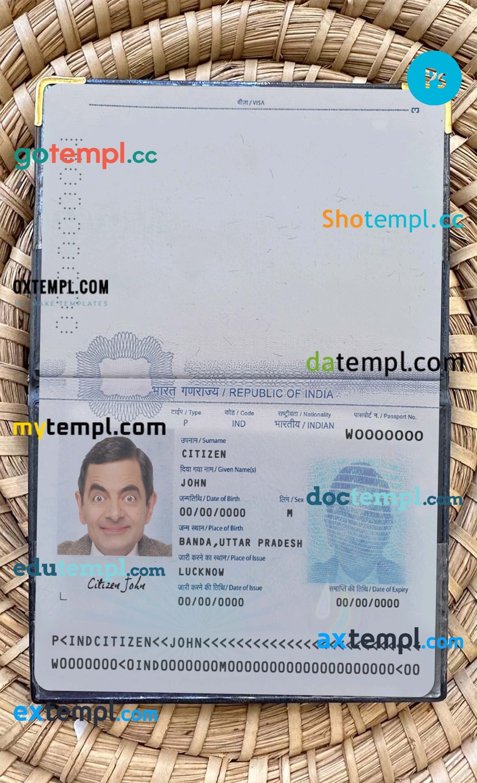 India passport PSD files, scan and photo look templates, 2 in 1