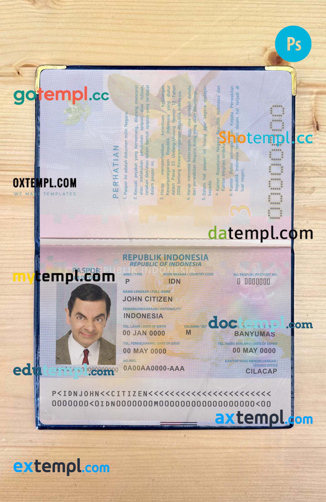 Indonesia passport editable PSD files, scan and photo look templates, 2 in 1
