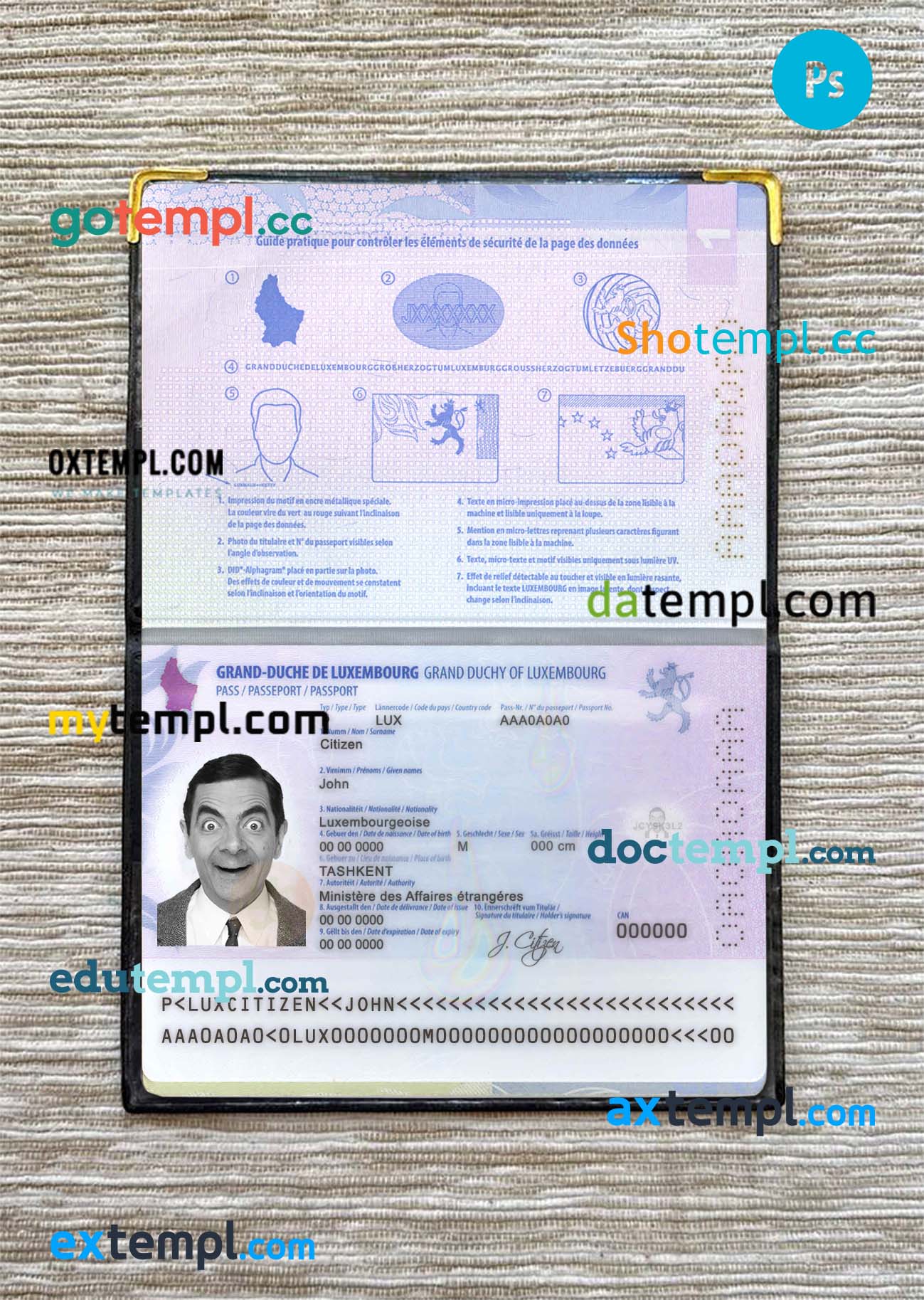 free Grenada dog (animal, pet) passport PSD template, fully editable