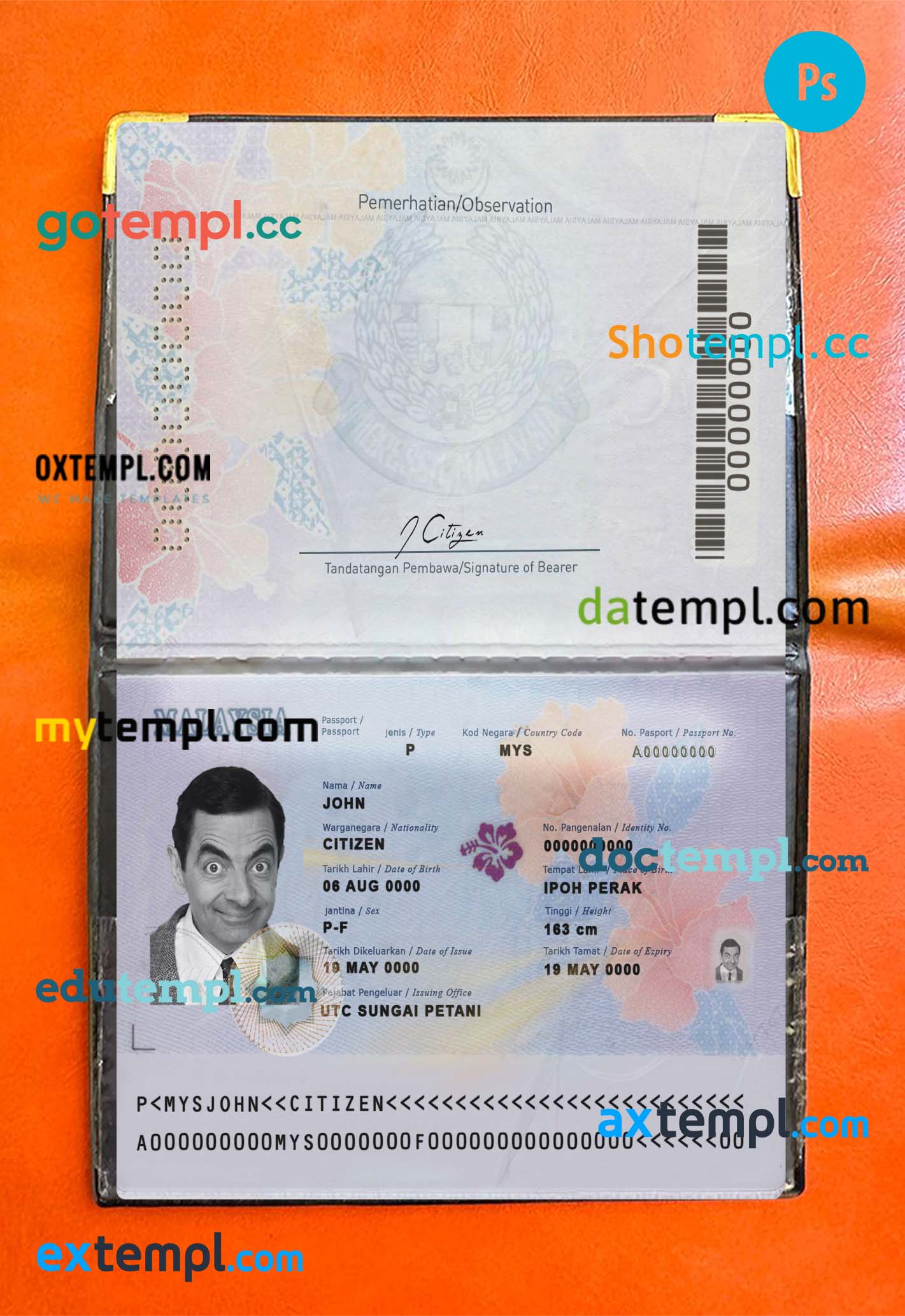 Kyrgyzstan passport editable PSD files, scan and photo look templates, 2 in 1