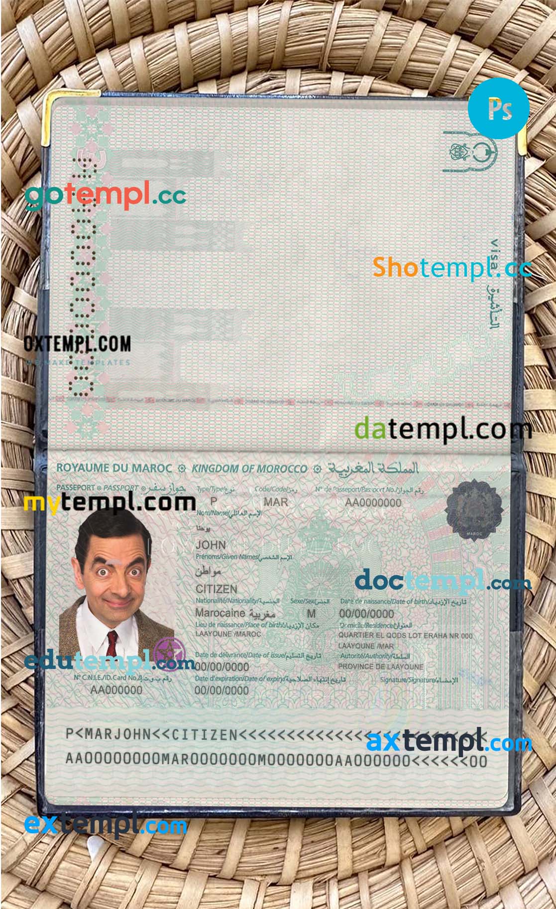 Morocco passport editable PSDs, scan and photo-realistic snapshot, 2 in 1