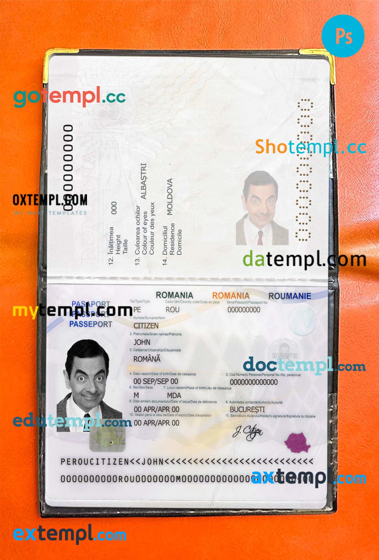 Romania passport psd files, editable scan and snapshot sample, 2 in 1