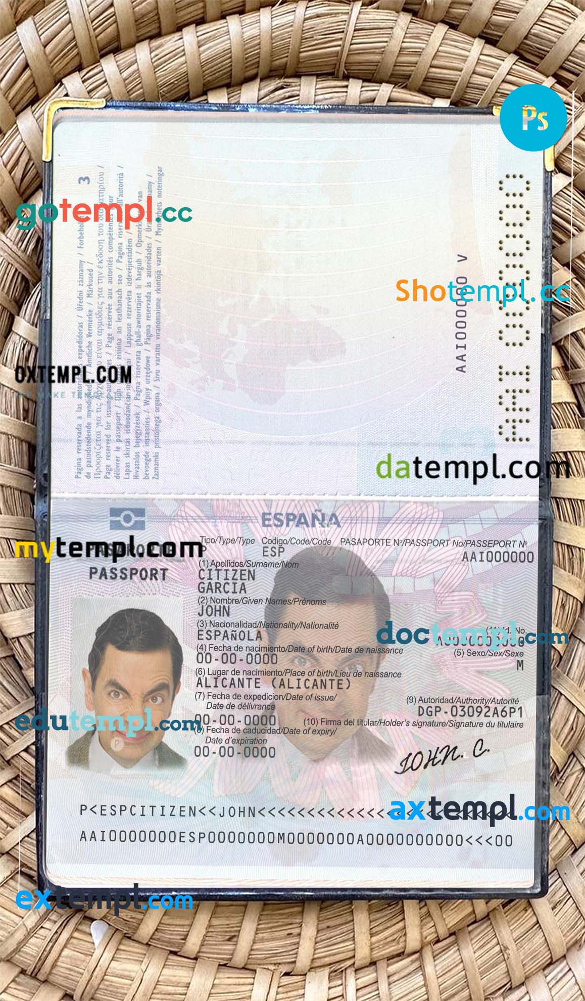 Spain passport PSD files, editable scan and photo-realistic look sample, 2 in 1