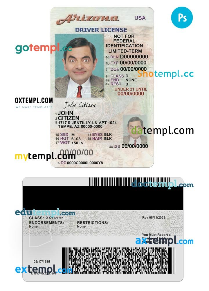 USA Tennessee state vertical driving license editable PSD template, under 21