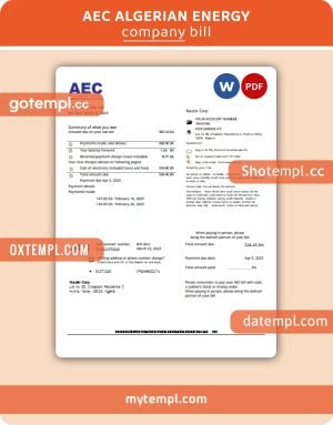 AEC Algerian Energy Company business utility bill, Word and PDF template