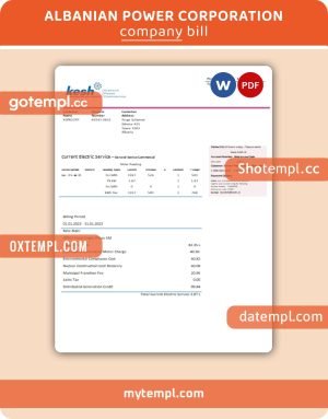 Albanian Power Corporation business utility bill, Word and PDF template