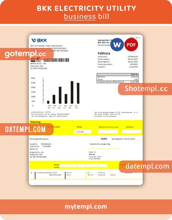 BKK electricity business utility bill, Word and PDF template