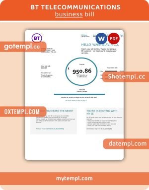 BT telecommunications business utility bill, Word and PDF template