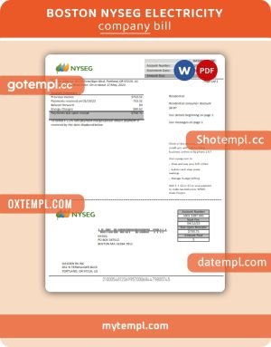 Boston NYSEG electricity business utility bill, Word and PDF template
