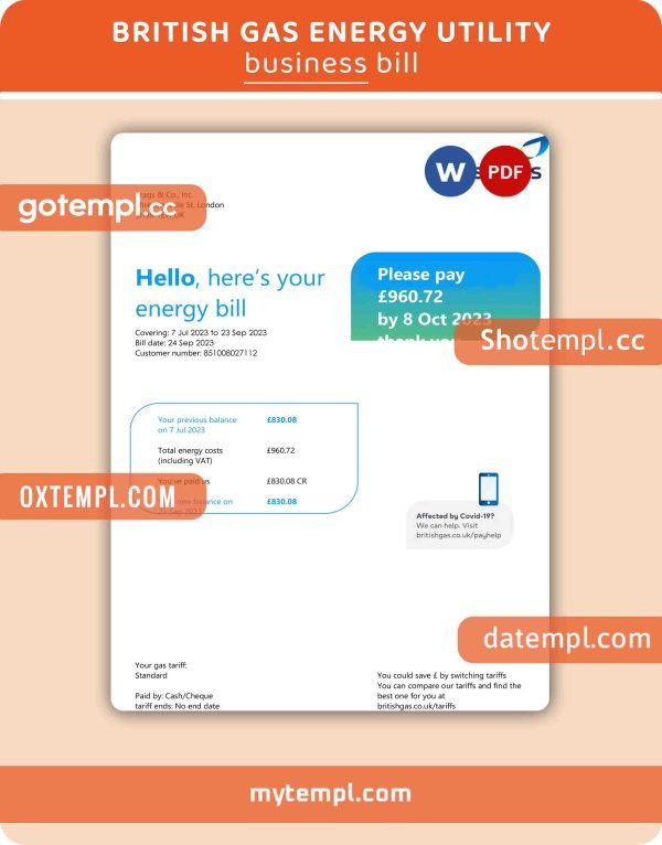 British Gas Energy business utility bill, Word and PDF template