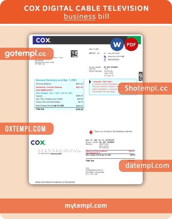 COX digital cable television  business utility bill, PDF and WORD template