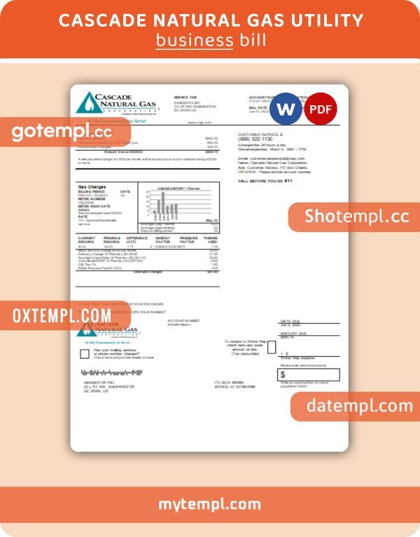 Cascade Natural Gas business utility bill, Word and PDF template