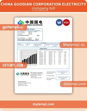 China Guodian Corporation electricity business utility bill, Word and PDF template