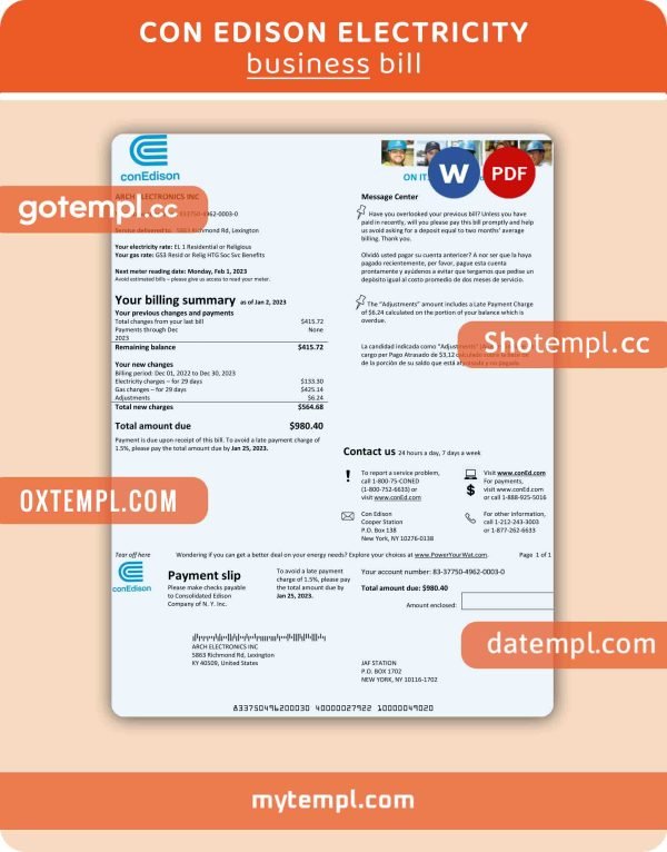 Con Edison electricity business utility bill, PDF and WORD template