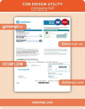 Con Edison business utility bill, Word and PDF template