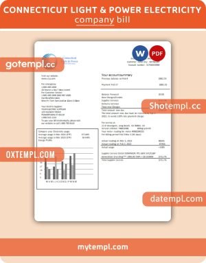 Connecticut Light & Power electricity business utility bill, PDF and WORD template