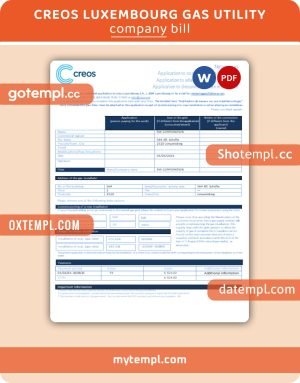 Creos Luxembourg gas business utility bill, PDF and WORD template
