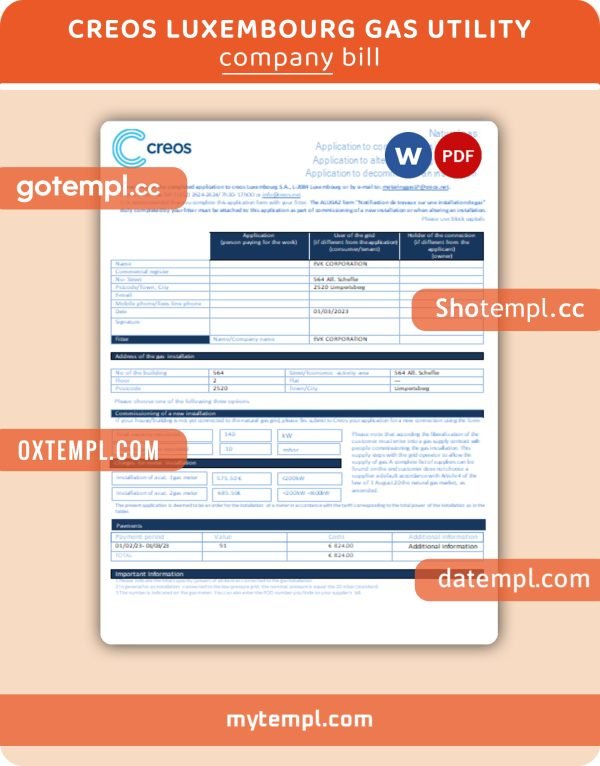 Creos Luxembourg gas business utility bill, PDF and WORD template