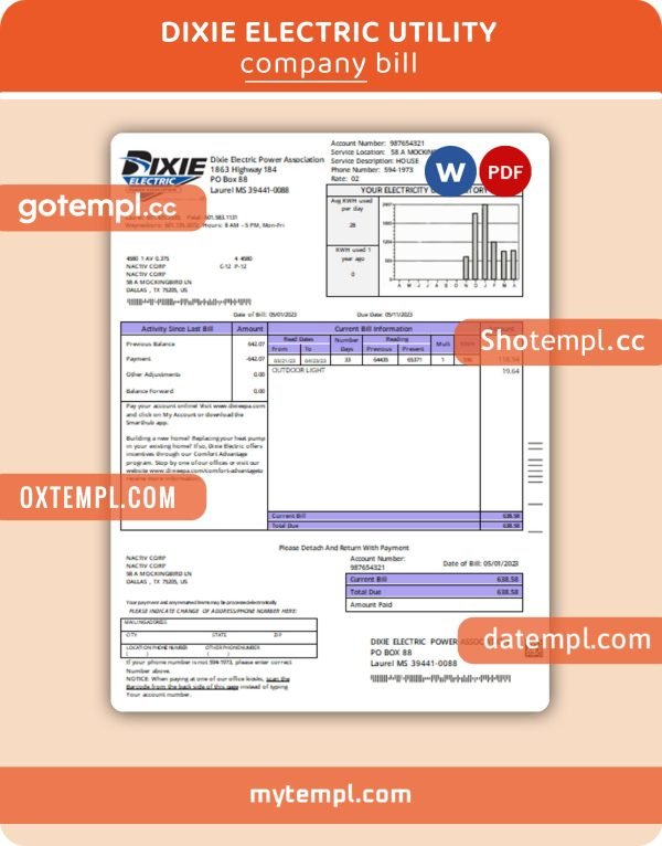 Dixie Electric business utility bill, PDF and WORD template