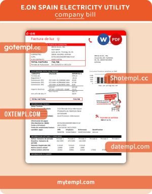 E.ON Spain electricity business utility bill, Word and PDF template