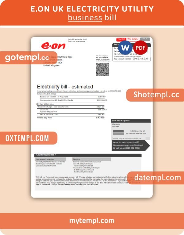 E.ON UK electricity business utility bill, Word and PDF template