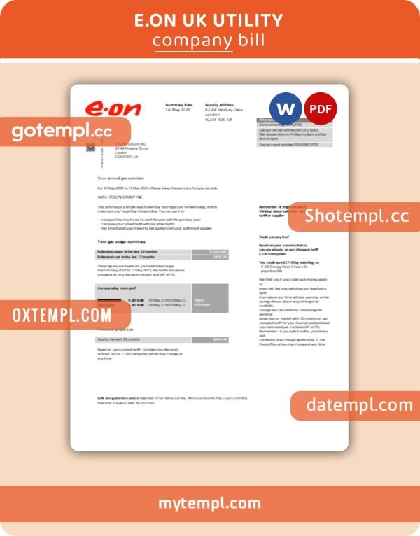 E.ON UK  business utility bill, Word and PDF template