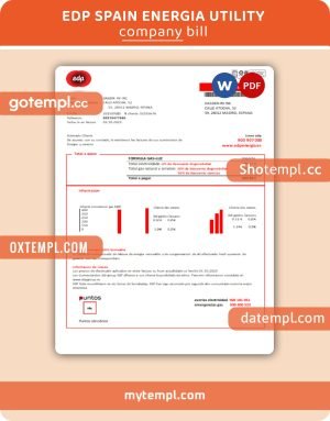 EDP Spain Energia business utility bill, Word and PDF template