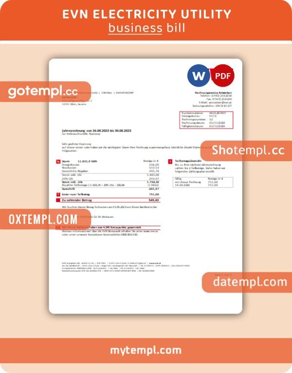 EVN electricity business utility bill, Word and PDF template