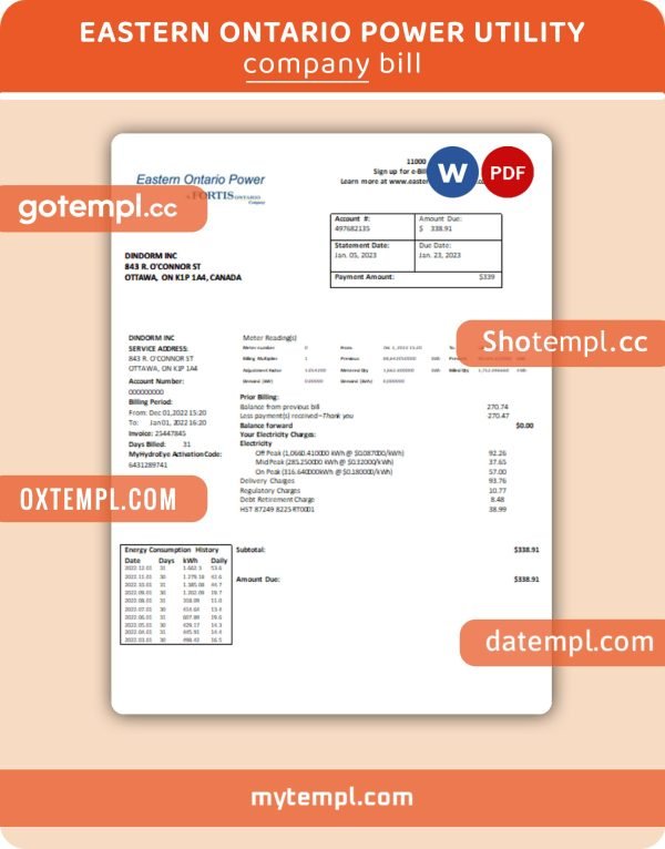 Eastern Ontario Power business utility bill, Word and PDF template