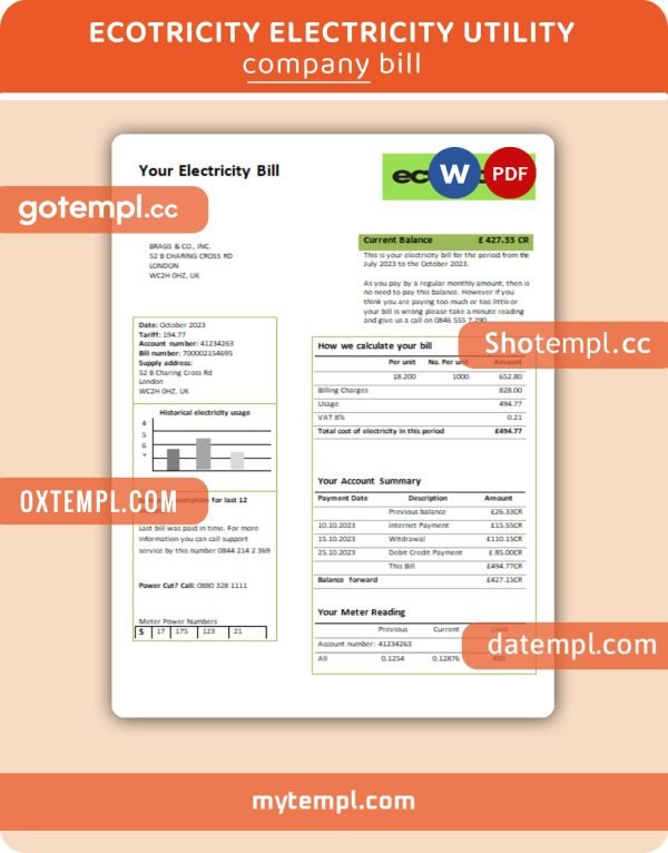 Ecotricity electricity business utility bill, PDF and WORD template