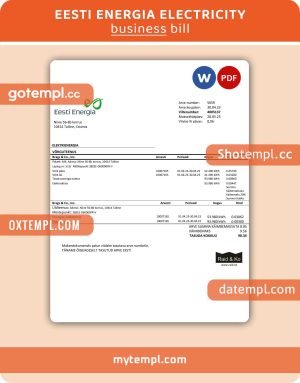 Eesti Energia electricity business utility bill,Word and PDF template