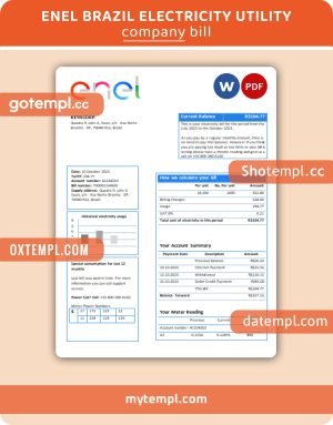 Enel Brazil electricity business utility bill, Word and PDF template
