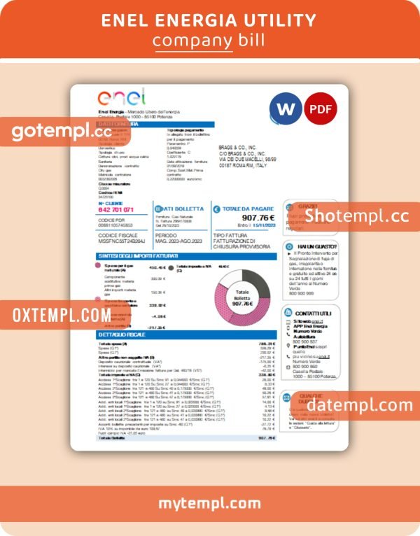 Enel Energia business utility bill, Word and PDF template