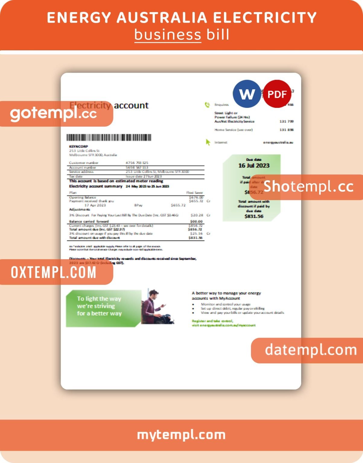 Energy Australia electricity business utility bill, Word and PDF ...