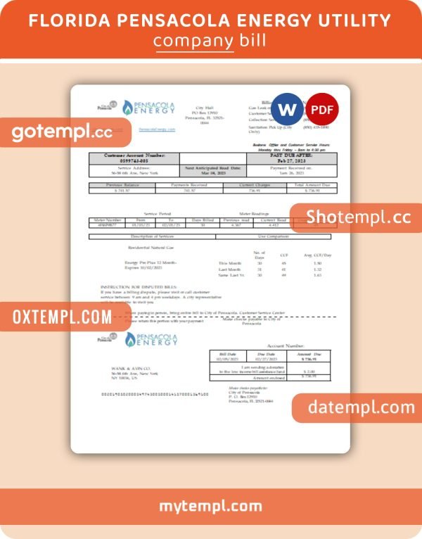 Florida Pensacola Energy business utility bill, PDF and WORD template