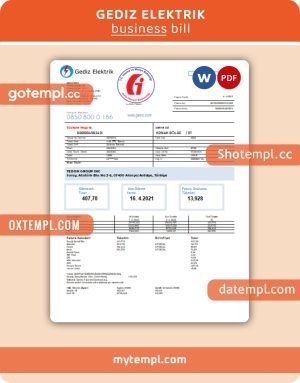 Gediz Elektrik business utility bill, Word and PDF template