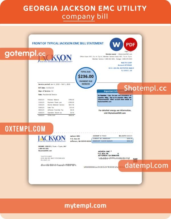 Georgia JACKSON EMC business utility bill, PDF and WORD template