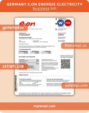 Germany E.ON Energie electricity business utility bill, Word and PDF template