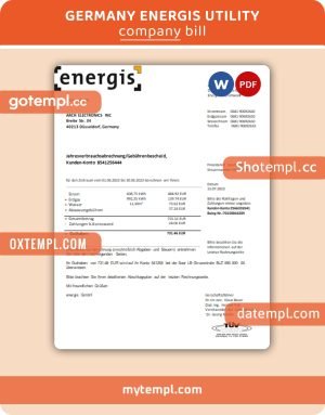 Germany Energis business utility bill, Word and PDF template