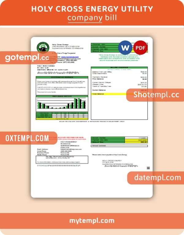 Holy Cross Energy business utility bill, PDF and WORD template