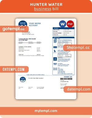Hunter Water business utility bill, Word and PDF template