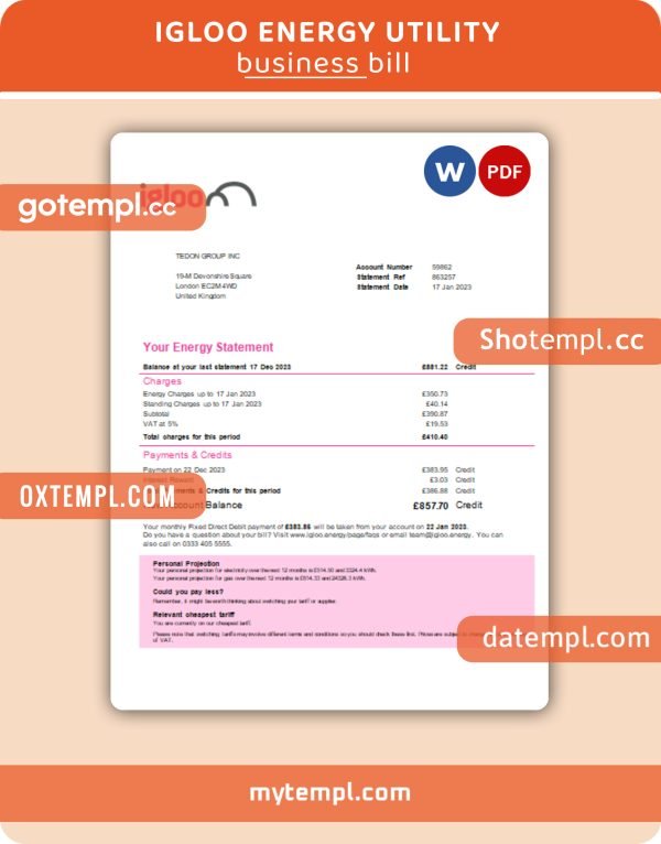Igloo Energy business utility bill, Word and PDF template