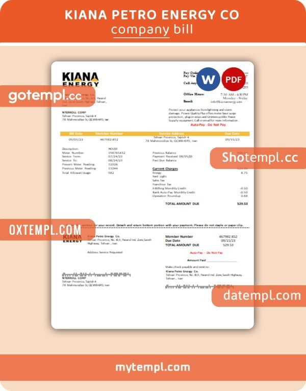 Kiana Petro Energy Co business utility bill, Word and PDF template