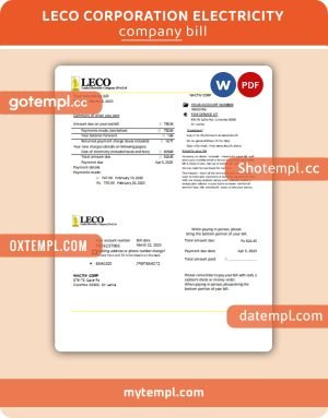 Leco Corporation electricity business utility bill, PDF and WORD template