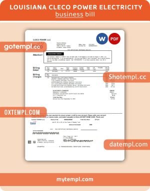 Louisiana Cleco Power electricity business utility bill, Word and PDF template, 2 pages